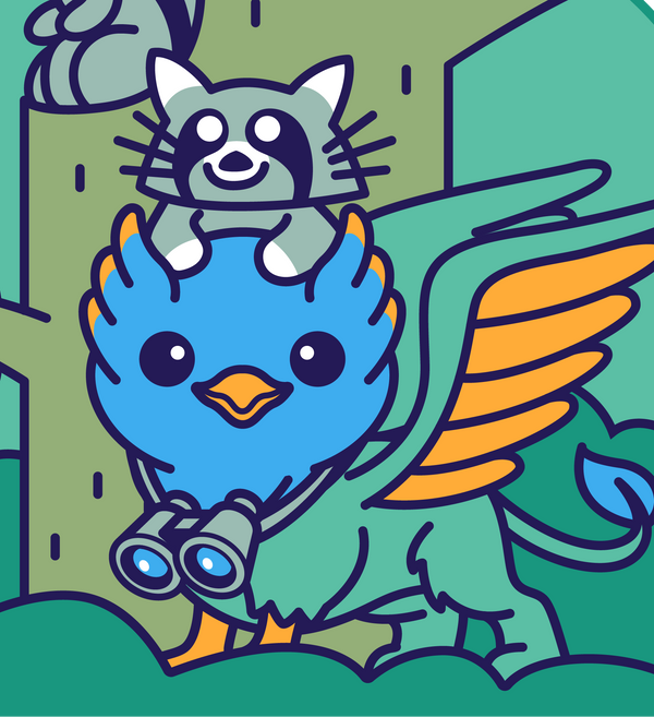 Illustration of a blue owl, gray squirrel, and green bird-like creature on a tree branch with a green background.