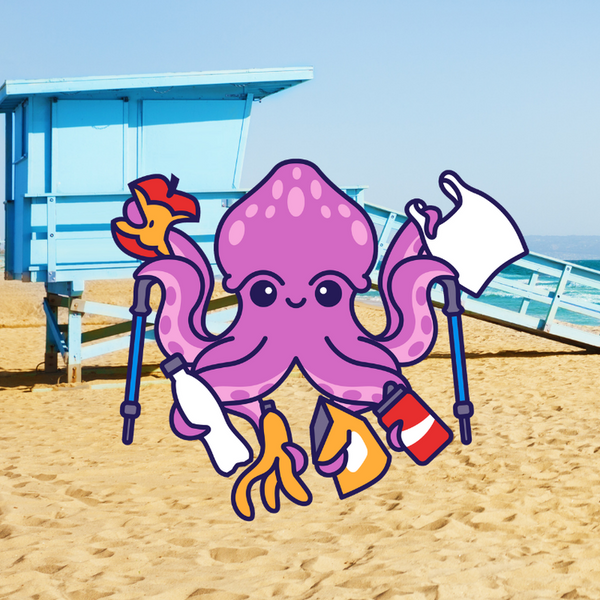 Bewilder Beast Karla the Kraken with hiking poles on a beach with a lifeguard tower in the background.