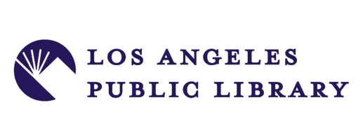 Los Angeles Public Library logo in dark purple on a white background, featuring a circular emblem with a fan-like design and the words 'LOS ANGELES PUBLIC LIBRARY'.