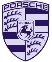 Porsche Stuttgart crest emblem in dark purple and light lavender, featuring the word PORSCHE at the top, a central Stuttgart shield with a horse, and stylized antler motifs on a white background.